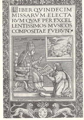 Frontespizio del "Liber Quindecim Missarum" con Andrea Antico (editore) che presenta la sua opera a Papa X (1516).