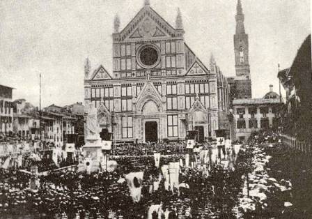 Firenze 1865. Piazza S. Croce. Celebrazione del sesto centenario della nascita di Dante.