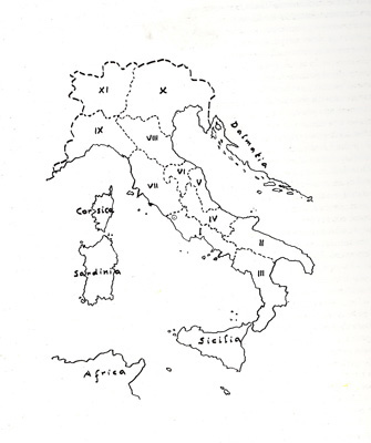 Le 11 regioni dell'Italia Augustea (le isole non erano incluse). Immagine tratta dal catalogo della mostra archeologica "Antiche Genti d'Italia" Rimini - 1994 (ed. De Luca)