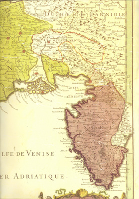 M. Jaillot - Estat de la seigneurie et republique 
de Venise en Italie - 1706 (particolare). La linea di confine fra "Istria veneta" e "Istria austriaca"."