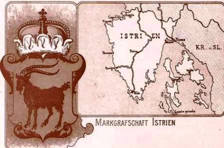 Il Margraviato d’Istria (la capretta era l’antico simbolo araldico dell’Istria) dipendente direttamente dall’Imperatore d’Austria, confinava con i Regni di Croazia e Slavonia appartenenti alla Corona Ungherese. La toponomastica delle cittadine istriane rimaneva invariata (in italiano).