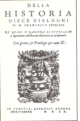 Francesco Patrizi - Frontespizio dell'opera "Della Historia Diece Dialoghi".