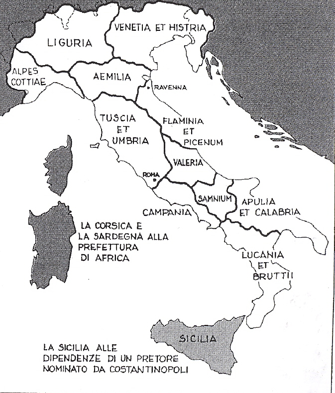 L'Italia bizzantina secondo la Prammatica sanzione dell'anno 554 (tratto da "La lingua padana e i suoi dialetti" di Sergio Salvi).