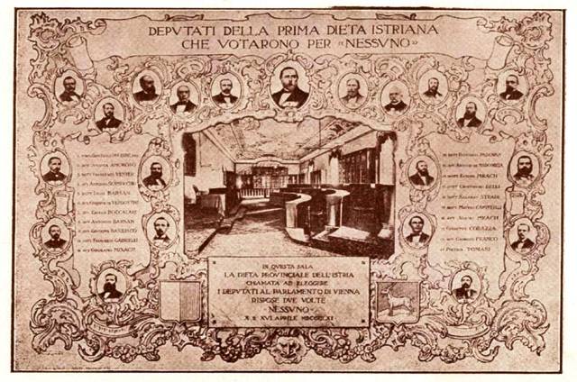 Cartolina commemorativa con i nomi e le immagini dei deputati della Dieta del 1861