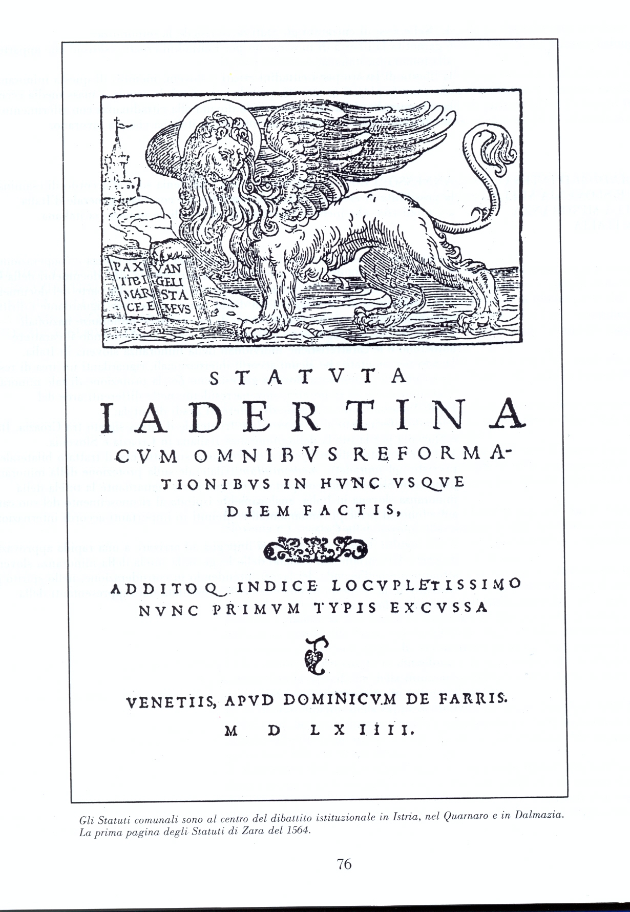 La prima pagina degli Statuti di Zara del 1564