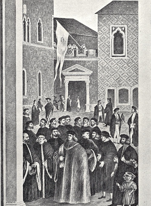 VITTORE CARPACCIO - L'ingresso del Podestà Sebastiano Contarini al Duomo di Capodistria 1516, attorniato dai nobili della città.