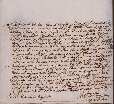 Lettera di Giuseppe Tartini a G. Battista Martini. (Bilioteca del conservatorio "G.B. Martini" di Bologna)