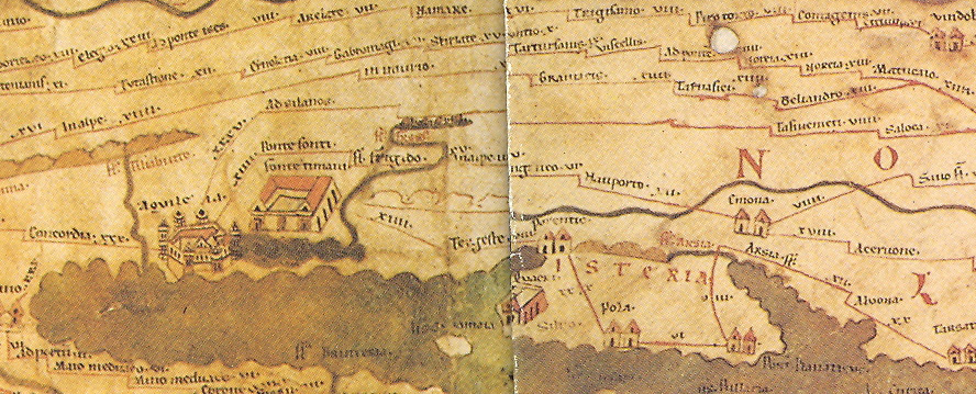 Sezione della "TABULA PEUTINGERIANA", copia medioevale di una carta romana di età imperiale. Particolare.