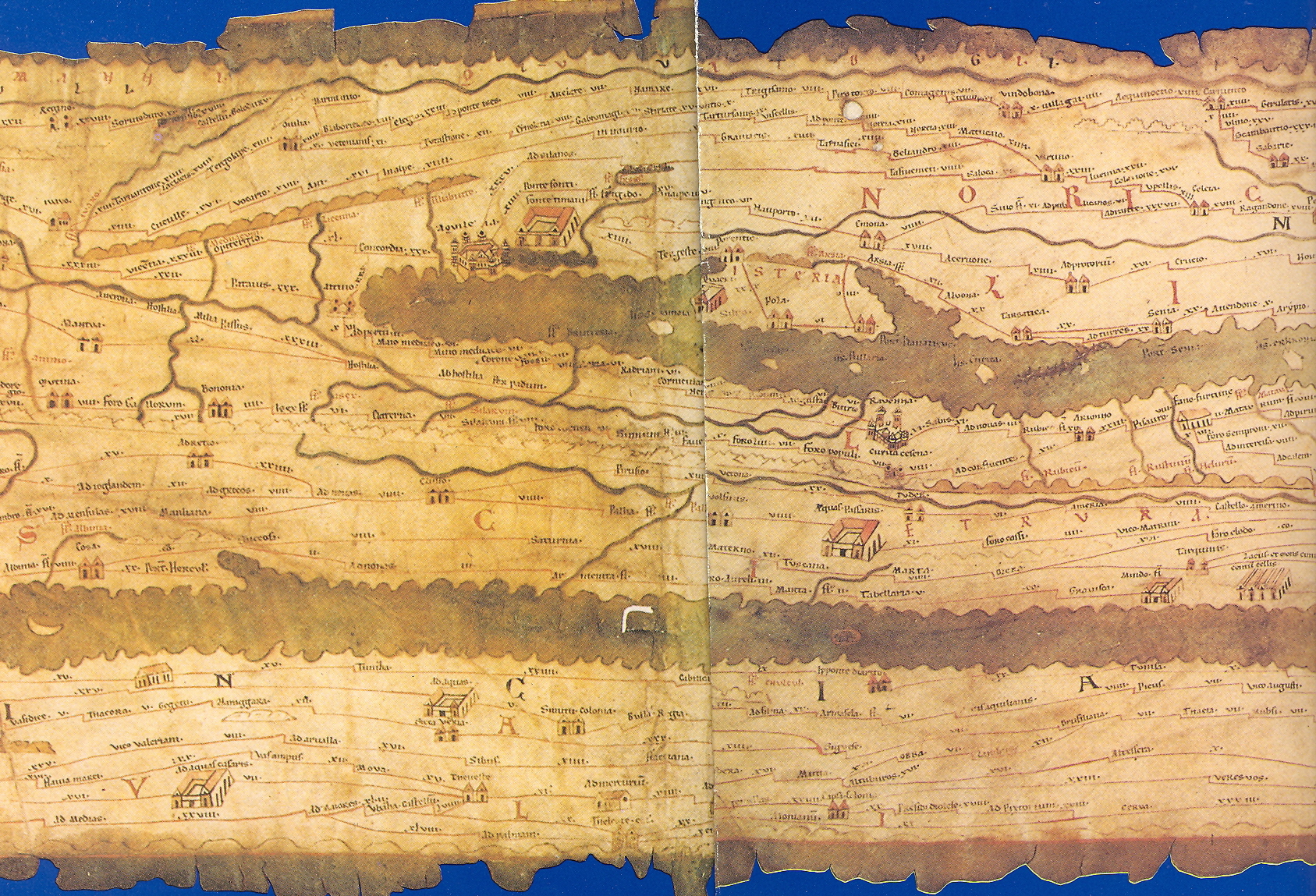 Sezione della "TABULA PEUTINGERIANA", copia medioevale di una carta romana di età imperiale. Vi si leggono TERGESTE, PARENTIO, POLA, ALVONA (Albona), il fiume ARSIA.