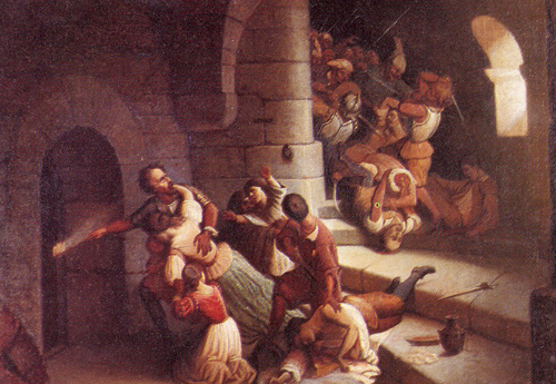 L'istriano Biagio Zulian dà fuoco alle polveri a la Canea (Candia) quando irrompono i turchi (1645). Quadro a olio di Bartolomeo Giannelli.