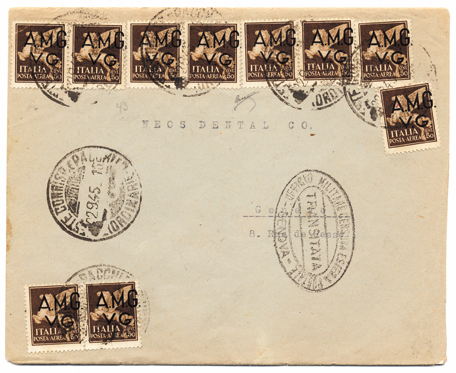 Foto 12) Lettera per la Svizzera nel primo giorno d’uso dei nuovi valori AMG-VG, il 22 settembre 1945.