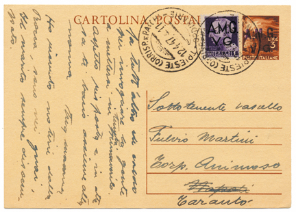 Foto 13) 2 aprile 1947. Cartolina da 3 L. con sovrastampa apposta a mano con un timbro, con integrazione d’affrancatura.