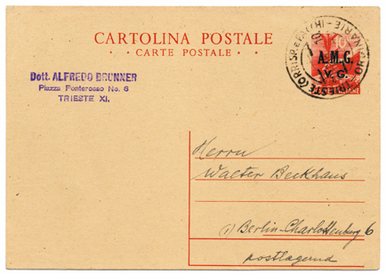 Foto 14) 19 dicembre 1946. Cartolina postale 10 L. con sovrastampa realizzata a macchina, in un uso per l’estero particolarmente inusuale 