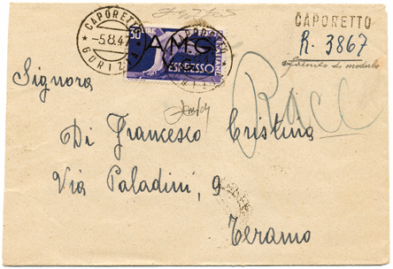 foto 15) Raccomandata da Caporetto, nome importante nella storia recente d’Italia, del 5 agosto 1947, ancora per un mese o poco più in provincia di Gorizia.