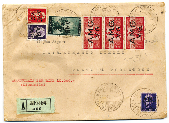 Foto 17) Lettera assicurata per 10.000 lire da Trieste per l’Italia del 14 settembre 1946. Il servizio delle assicurate era ripreso da novembre 1945.