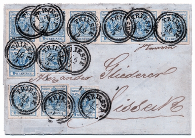 Foto 3) Un lettera da Trieste del 16 maggio 1854, importante dal punto di vista filatelico, con ben 11 francobolli da 9 kreuzer della prima serie emessa in Austria, con l’aquila bicipite.