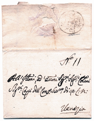 Foto 4) Una lettera da Capodistria del 1795, bollata con il timbro di quell’ufficio: portava il nome della città ed il leone di san Marco. Si conoscono solo una decina di lettere con questo bollo