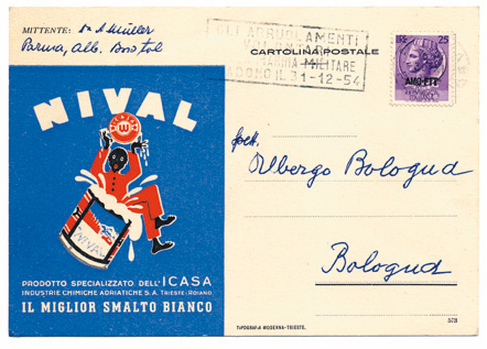 Foto 5) Cartolina da Parma del 30 novembre 1954: è un uso tardivo e fuori provincia di Trieste di un francobollo sovrastampato “Amg-Ftt”