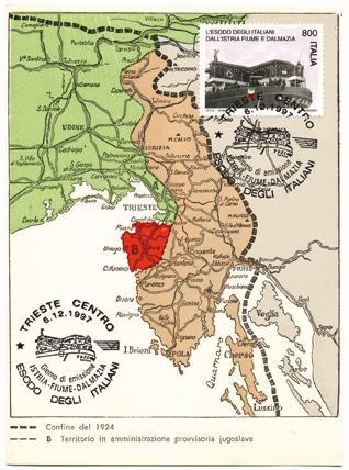 6. Il francobollo del 1997 annullato il primo giorno d’emissione su una cartolina con la carta geografica del Territorio Libero di Trieste.6. Il francobollo del 1997 annullato il primo giorno d’emissione su una cartolina con la carta geografica del Territorio Libero di Trieste.