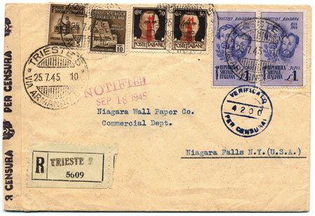 Foto 9) Raccomandata da Trieste per gli Stati Uniti d’America del 25 luglio 1945. La lettera rimase in giacenza sino al 10 agosto, in attesa della possibilità di partenza, quindi partì per la sua destinazione. 