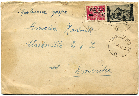 Foto 9) Lettera da Cave Auremiane per gli Stati Uniti del 7 marzo 1947, affrancata con un francobollo della nuova emissione d’occupazione militare ed uno “Litorale”. Bollo solo in lingua slovena. 