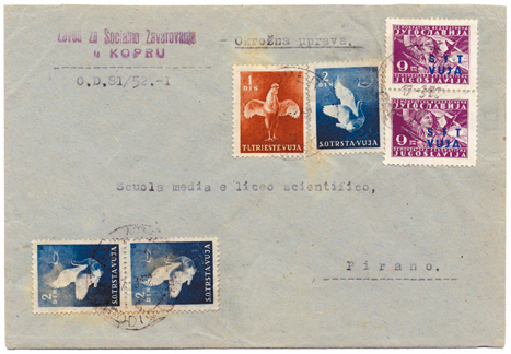 Foto 3) 7 marzo 1952. Lettera da Capodistria del 7 marzo 1952, con francobolli jugoslavi con sovrastampa “Stt vuja” e valori ordinari specifici per la zona.