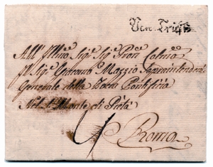 Foto 1) Lettera da Trieste del 23 luglio 1783, con un bollo in caratteri gotici “von Triest”. Uno dei primi bolli postali di Trieste