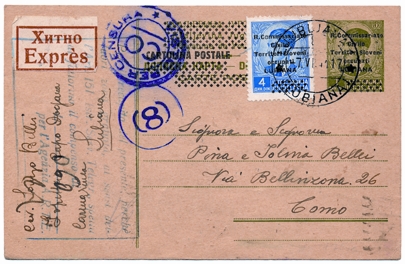 Foto 2) I francobolli e le cartoline postali già iugoslavi con la sovrastampa “R. commissariato civile territori sloveni occupati Lubiana” uscirono il 5 maggio, e qui sono utilizzati il 7 giugno 1941 