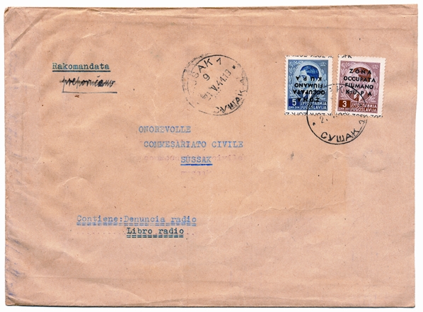 Foto 5) Nei nuovi territori del fiumano il 16 maggio i francobolli già iugoslavi vennero sovrastampati “Zona occupata fiumano kupa”, come quelli che affrancano questa lettera da Sussak per città del 21 maggio 1941. Da notare che il francobollo da 5 dinari ha la sovrastampa rovesciata, il che ne accresce il pregio filatelico