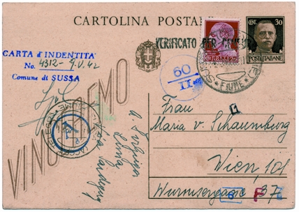 Foto 8) In questa cartolina da Sussa (già Sussak) del 2 settembre 1942 si vede l’uso in tutta la provincia dei valori italiani; i bolli furono rifatti secondo le diciture e l’uso italiano. 