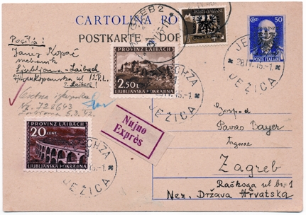 Foto 1) Preparati dall’amministrazione tedesca, nel gennaio 1944 nella provincia di Lubiana entrarono in uso francobolli e cartoline italiane sovrastampati «Provinz Laibach / Ljubljanska Pokrajina.