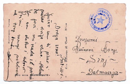 Foto 6) 26 maggio 1945. Cartolina da Trieste spedita in franchigia a Segna da un militare del IX Corpus d’occupazione: vedi il bollo con la stella.