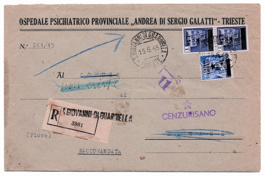 Foto 2) Lettera raccomandata spedita il 15 giugno 1945, affrancata con i francobolli sovrastampati dagli jugoslavi. Indirizzata al Comune di Elsane (in provincia di Fiume), fu resa al mittente dagli occupanti perché il Comune «non esiste»: essi infatti volevano che i toponimi fossero in lingua croata, e non riconoscevano quelli in italiano.