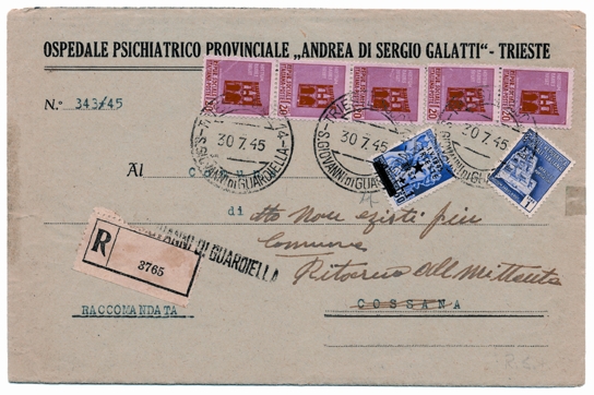 Foto4) Da Trieste, lettera raccomandata del 30 luglio 1945 affrancatura con francobolli della RSI e dell’occupazione jugoslava: è l’unica oggi nota con questa combinazione.