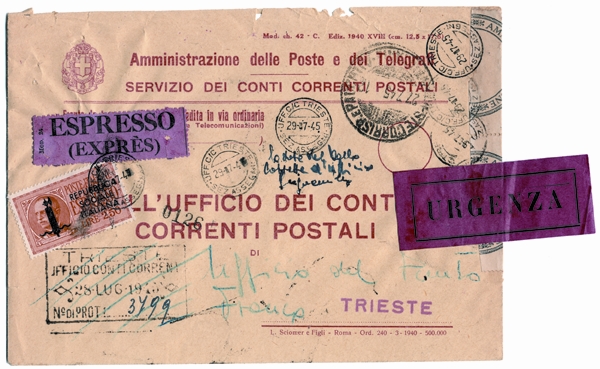Foto 5) Lettera di servizio da Trieste del 27 luglio 1945, in esenzione di tassa, rispedita per espresso. L’uso del francobollo espresso della RSI in questo periodo è molto raro.