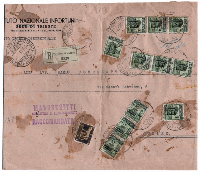 Foto 6) Il francobollo da 3 lire già della RSI era il valore più alto all’epoca in circolazione; questa enorme affrancatura, del 5 settembre 1945, è la più alta conosciuta di questo periodo. 
