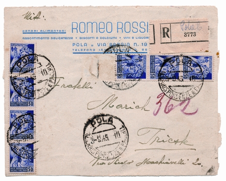Foto 8) Raccomandata da Pola del 3 settembre 1945, con francobolli della RSI riammessi in uso.