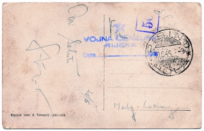 Foto 1) Come mostra questa cartolina da Pisino per Lussino del 28 giuigno 1945, con bollo di censura militare di Fiume, all’inizio del servizio postale sotto l’occupazione jugoslava non si usarono francobolli.  