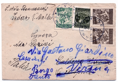 Foto 11) Lettera scritta da un’italiana zaratina in Italia il 1° agosto 1946: erano già stati introdotti i francobolli iugoslavi. 