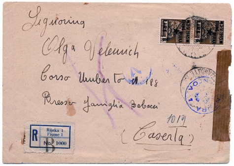 Foto 2) Questa lettera da Fiume del 12 gennaio 1946 è affrancata con i francobolli sovrastampati per la provincia, l’etichetta di raccomandazione bilingue e il bollo italiano. È l’ultima data conosciuta dell’uso di questi francobolli, che verranno poi sostituiti dai seguenti.