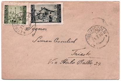 Foto 4) Lettera da Lussinpiccolo con francobolli “Litorale” e con il bollo italiano con il nome della provincia (Istria) scalpellato, del 21 luglio 1946. 