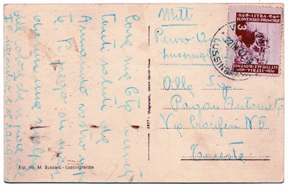 Foto 7) Cartolina da Lussingrande del 22 marzo 1947 con il nuovo bollo bilingue “Veli Losinj / Lussingrande. Il francobollo raffigura il castello di Duino.