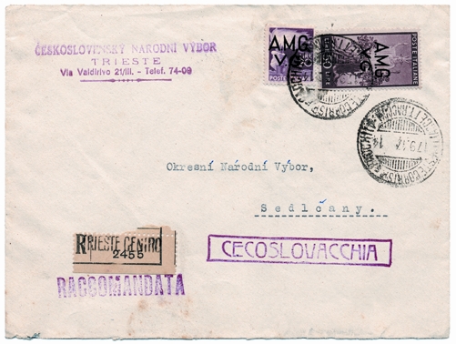 Foto 1) 17 settembre 1947. Lettera raccomandata da Trieste per la Cecoslovacchia, affrancata con valori Amg-Vg, del 17 settembre 1947, cioè quando il Territorio Libero di Trieste era una realtà da due giorni. 