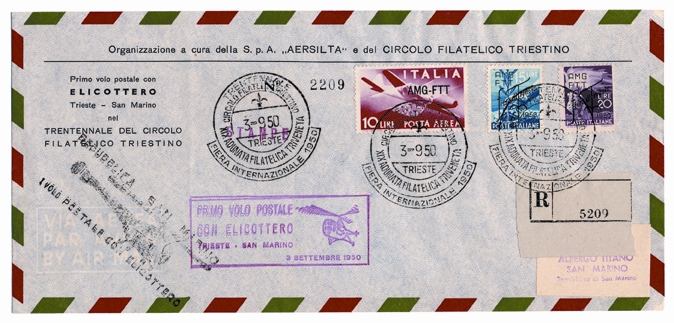 Foto 17) 3 settembre 1950: primo volo postale su elicottero, sul percorso Trieste-San Marino
