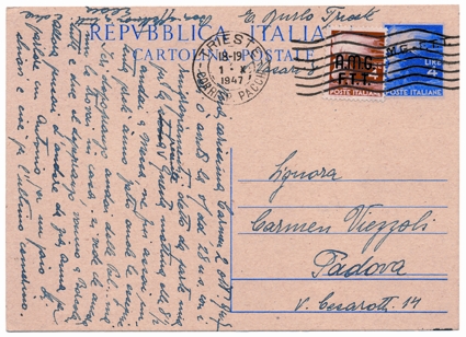 Foto 2) 1° ottobre 1947: primo giorno d’emissione dei nuovi francobolli nonché della cartolina postale, tutti sovrastampati. 